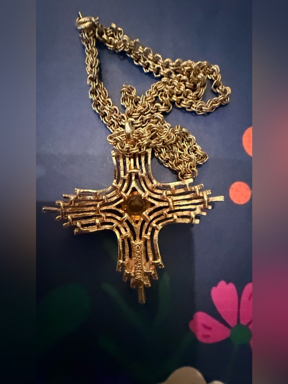 Gold-Tone Cross Pendant Necklace with Amber Accent